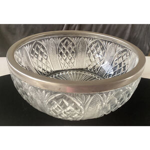 Cut Glass Serving Bowl W/Silver Plated Rim “England” Geo Print 8.5” Heavy Vntg